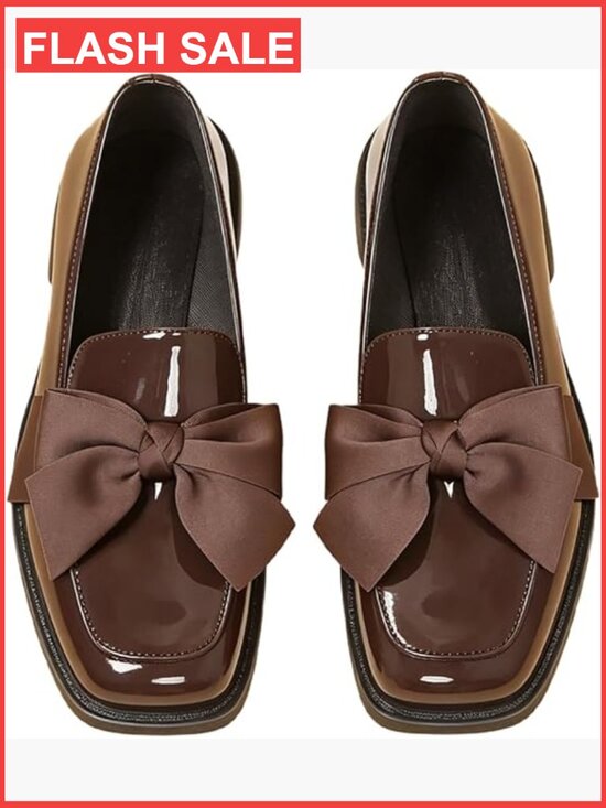 Shoes - Square Toe Bow Loafers Slip On Dressy Leather Low Heel Shoes Women's